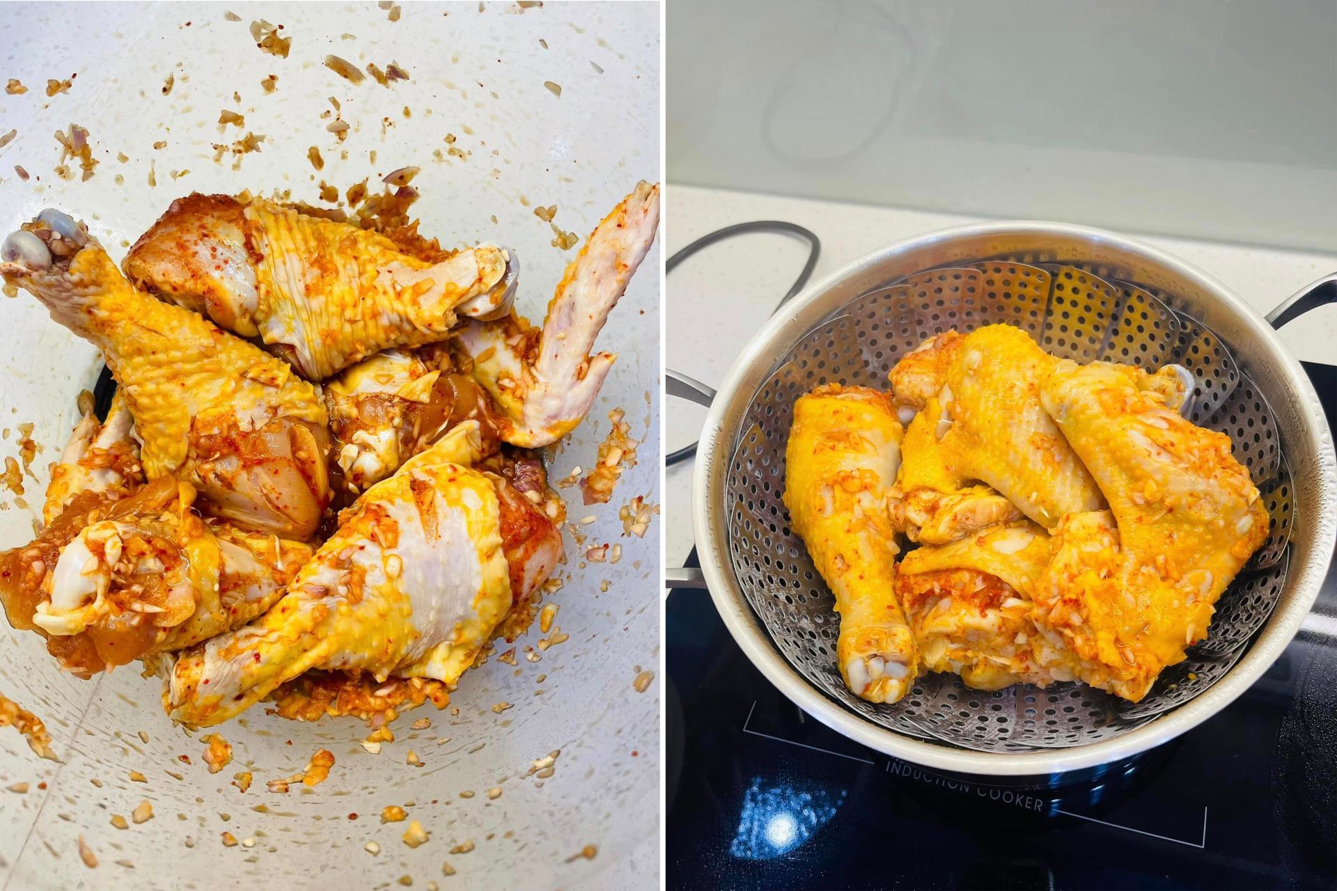 Ướp gà khoảng 2 tiếng và hấp sơ